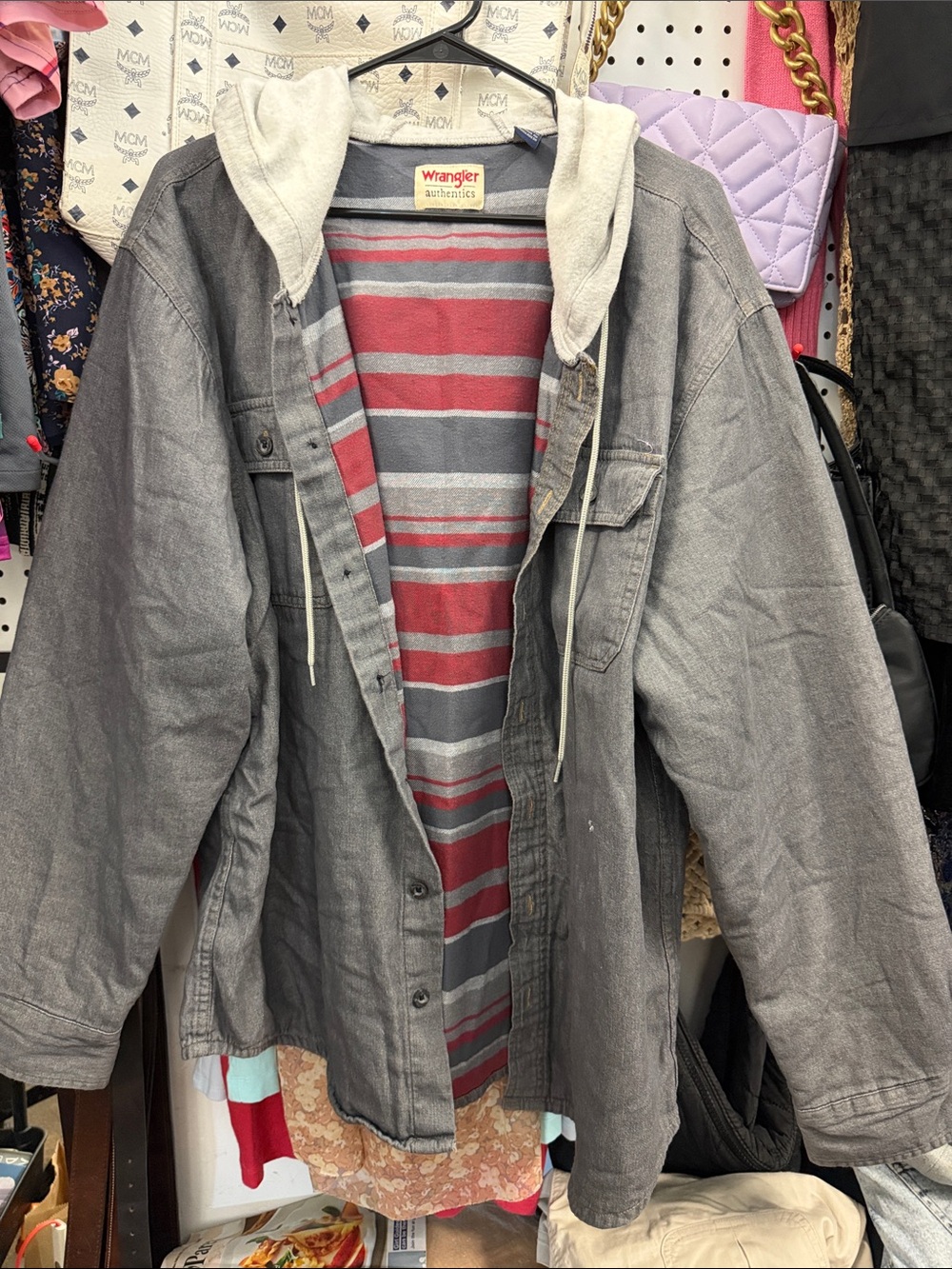 Wrangler Gray Hooded Shirt Jacket with Red-Striped Lining